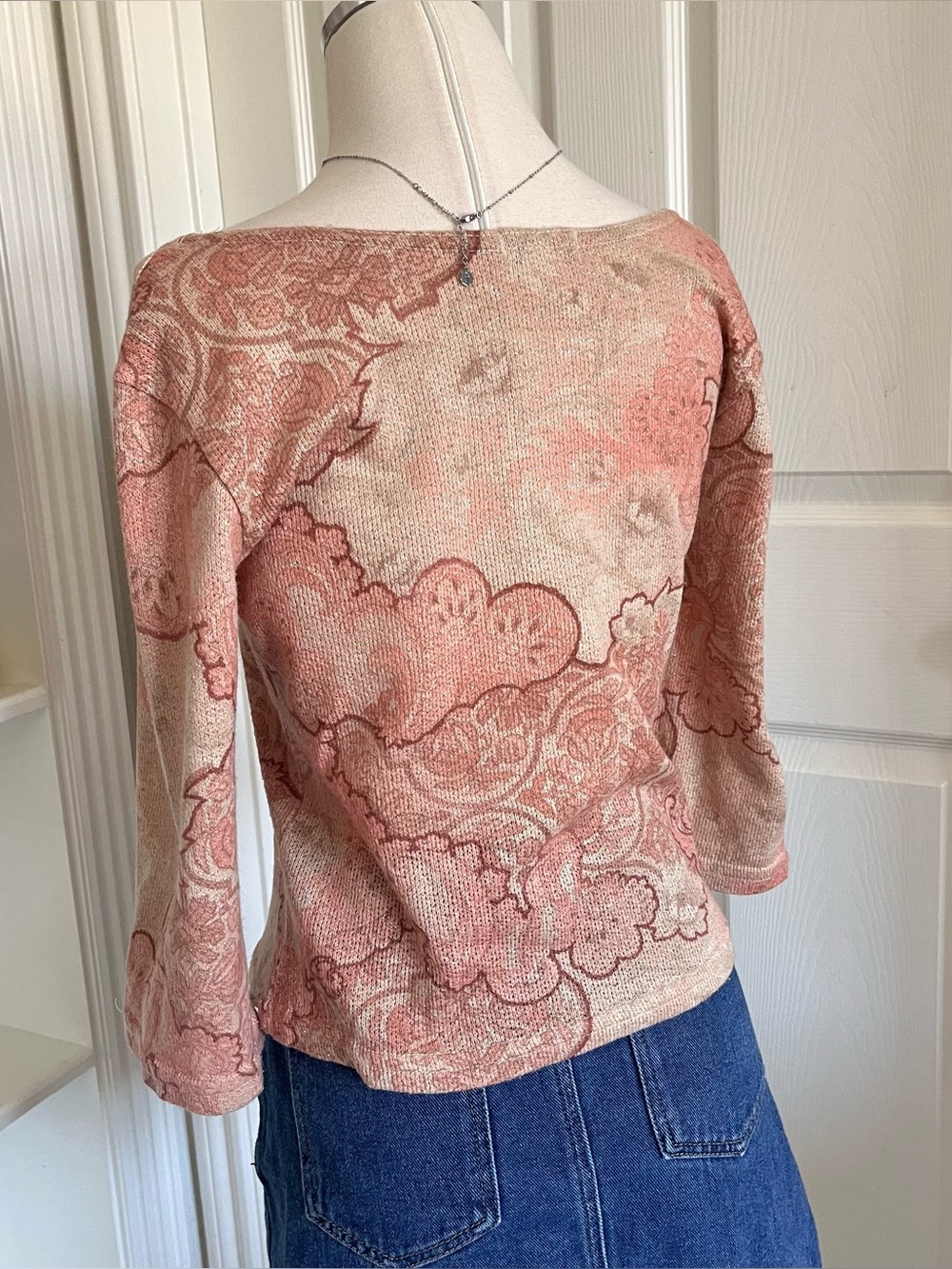 90s DB Sport Peach and beige paisley wide boatneck top with quarter sleeves. - Picture 3 of 5